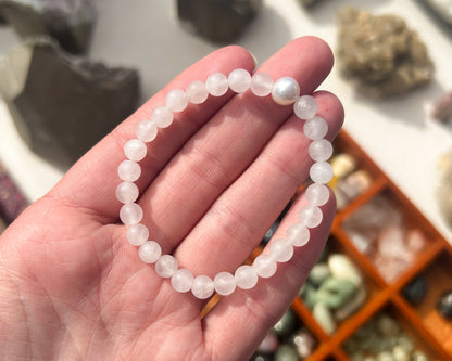 ‘Pretty as a Pearl’ Fresh Water Pearl and Matte Rose Quartz Stretch Bracelet