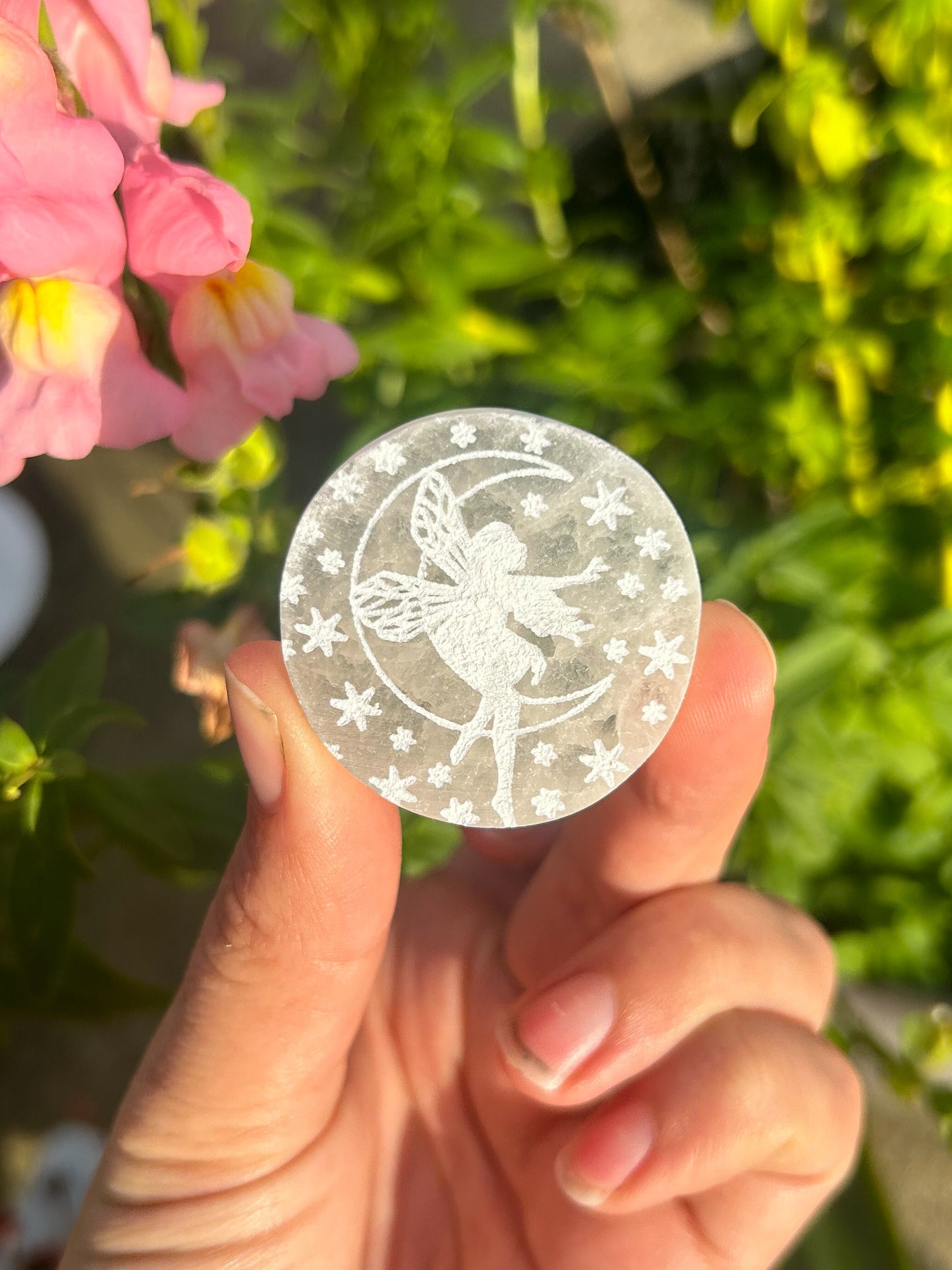 Selenite Disc with Fairy Etching