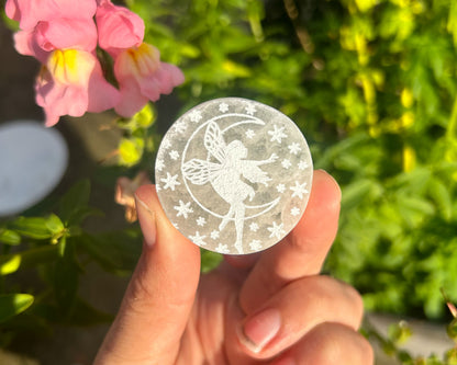 Selenite Disc with Fairy Etching