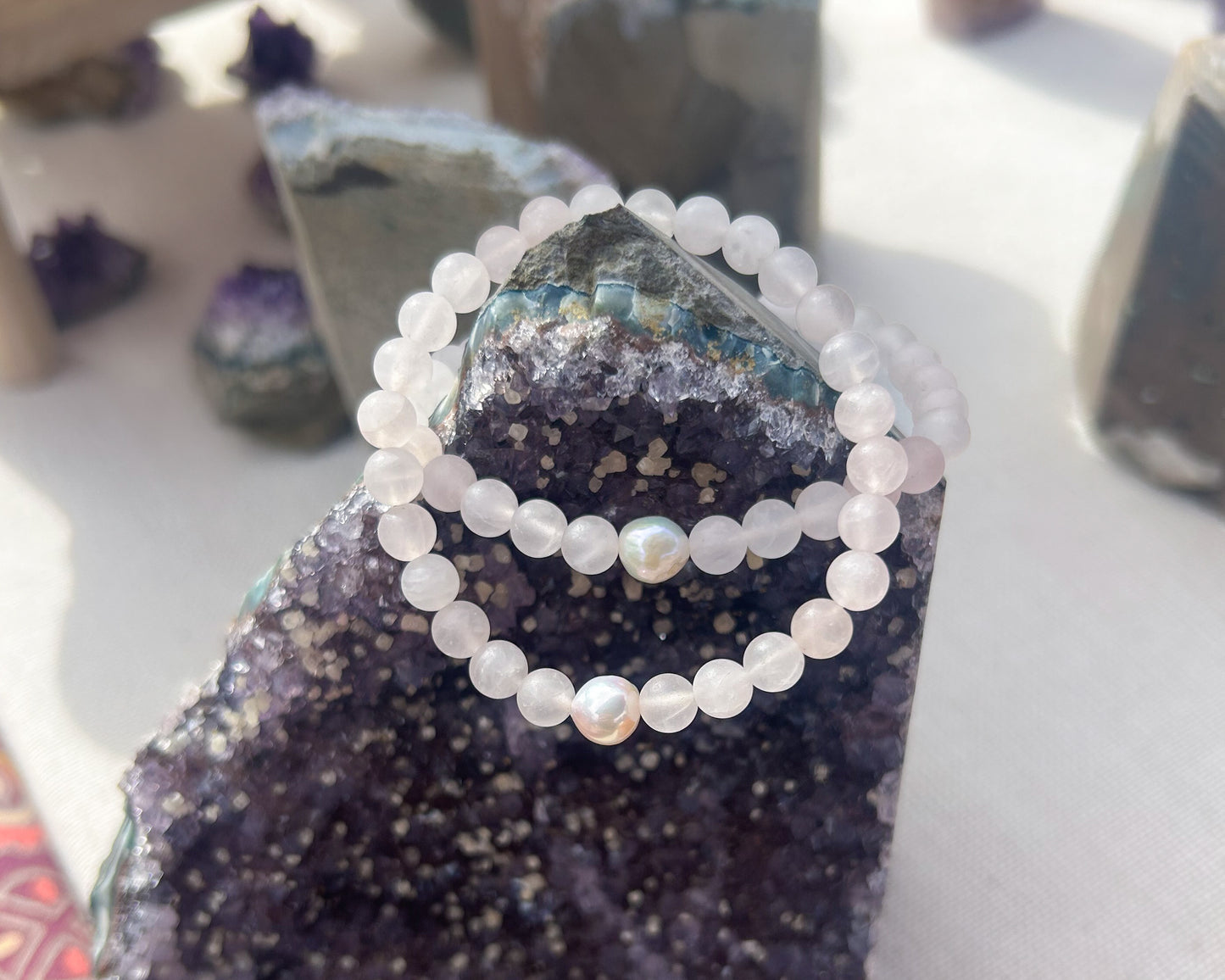 ‘Pretty as a Pearl’ Fresh Water Pearl and Matte Rose Quartz Stretch Bracelet