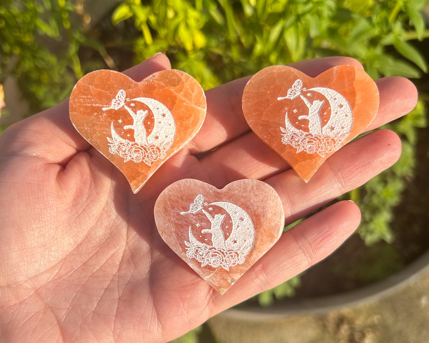 Peach Selenite Heart with Cat & Moon Etching