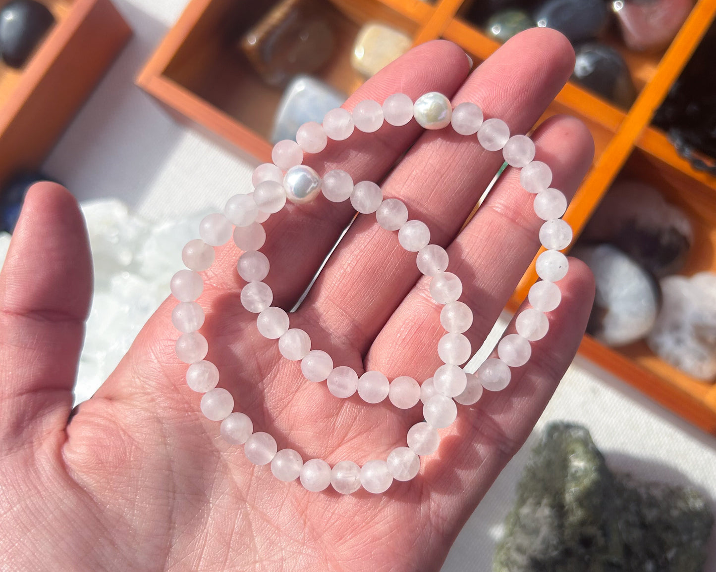 ‘Pretty as a Pearl’ Fresh Water Pearl and Matte Rose Quartz Stretch Bracelet