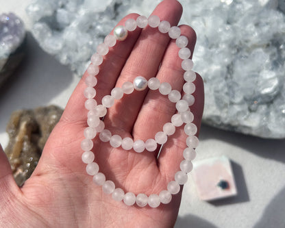 ‘Pretty as a Pearl’ Fresh Water Pearl and Matte Rose Quartz Stretch Bracelet