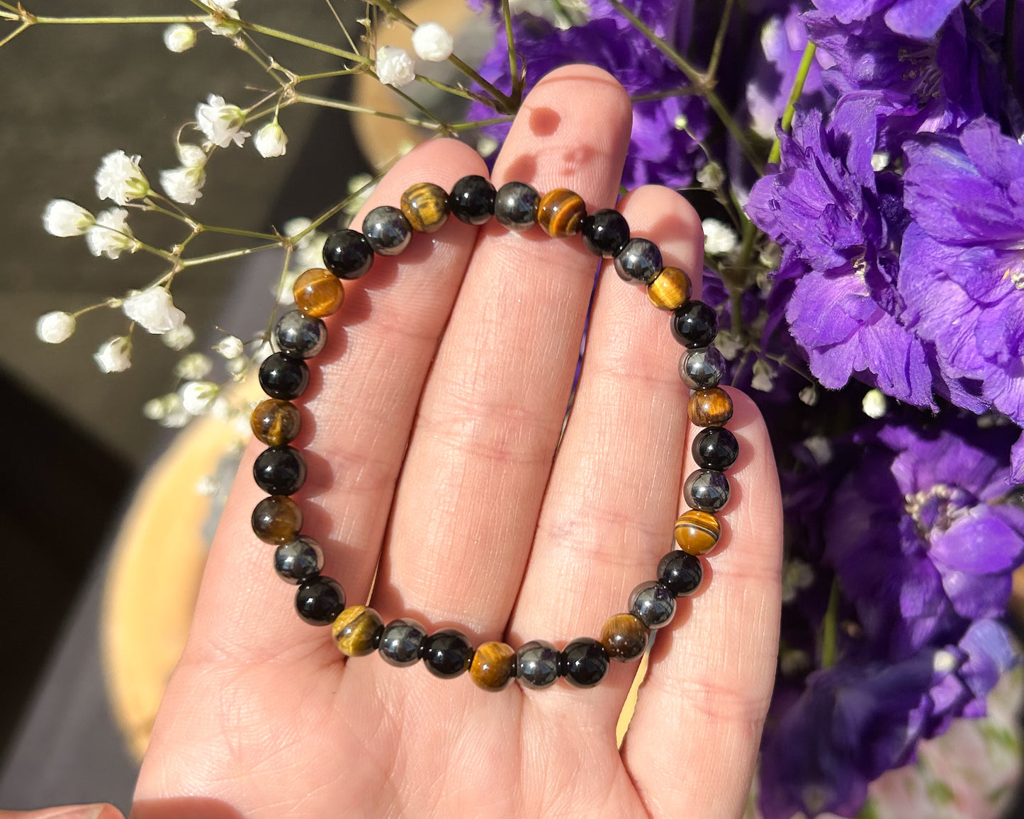 ‘Protection Bracelet’-Tiger’s Eye, Onyx & Hematite Stretch Bracelet