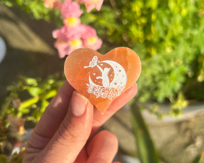 Peach Selenite Heart with Cat & Moon Etching