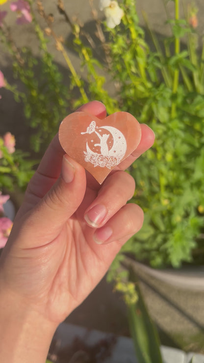 Peach Selenite Heart with Cat & Moon Etching