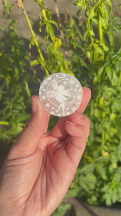 Selenite Disc with Fairy Etching