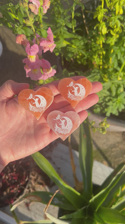 Peach Selenite Heart with Cat & Moon Etching